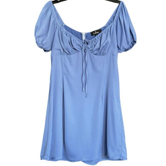 LULUS Postcard from Paris DustyBlue‎ Puff Sleeve Flare Short Mini Dress-Size L - Picture 3 of 6